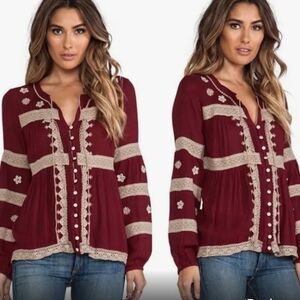 Free People Burgundy and Beige Blouse